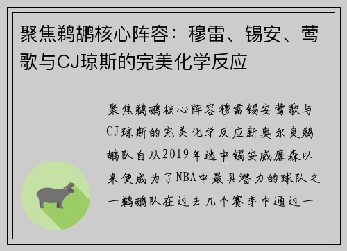 聚焦鹈鹕核心阵容：穆雷、锡安、莺歌与CJ琼斯的完美化学反应