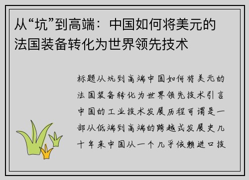 从“坑”到高端：中国如何将美元的法国装备转化为世界领先技术