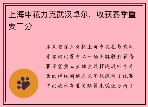 上海申花力克武汉卓尔，收获赛季重要三分