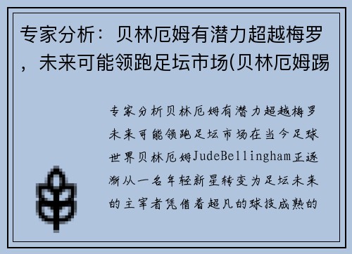 专家分析：贝林厄姆有潜力超越梅罗，未来可能领跑足坛市场(贝林厄姆踢什么位置)