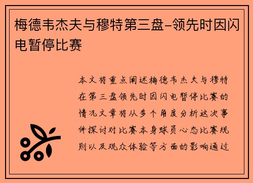 梅德韦杰夫与穆特第三盘-领先时因闪电暂停比赛