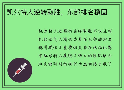 凯尔特人逆转取胜，东部排名稳固