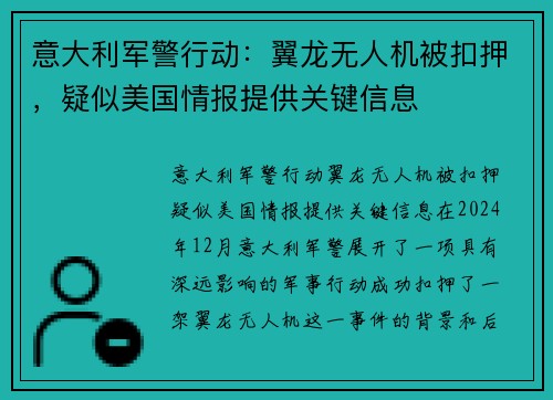 意大利军警行动：翼龙无人机被扣押，疑似美国情报提供关键信息