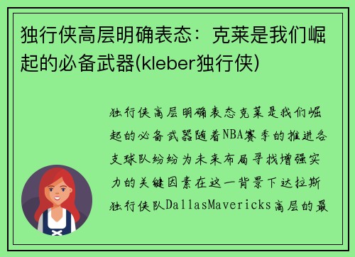 独行侠高层明确表态：克莱是我们崛起的必备武器(kleber独行侠)
